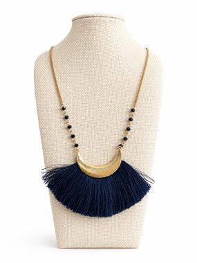 Clover Navy Blue Fringe Tassel Necklace Gold Tone Crescent Boho Statement